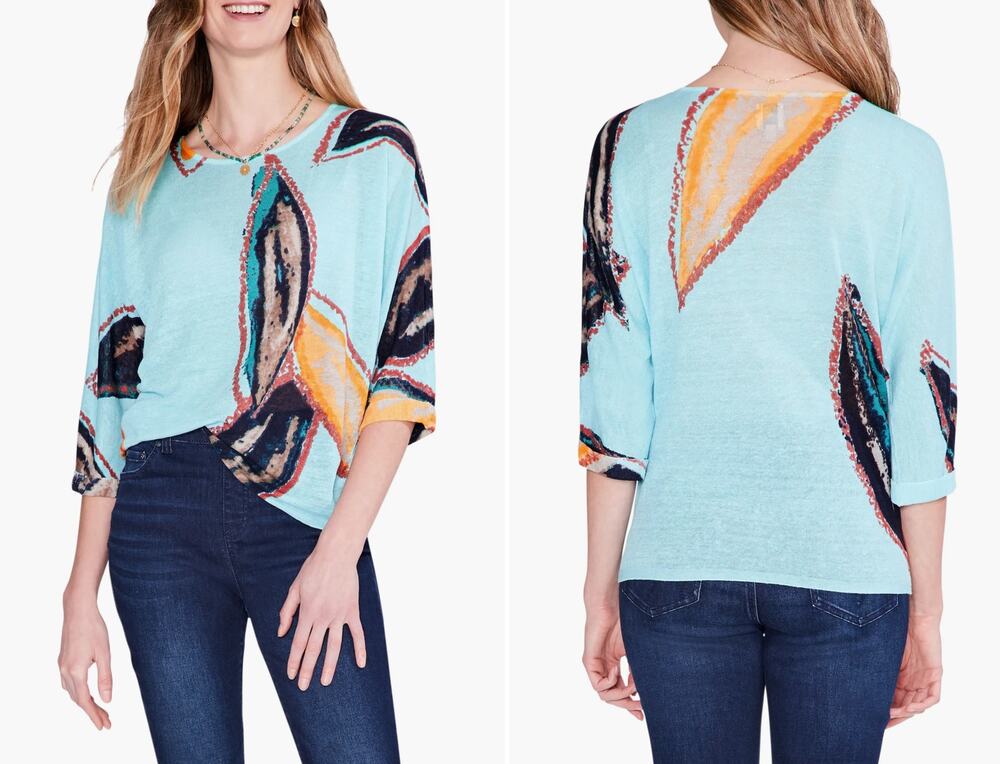 Nic + Zoe Womens S Blue Multi Marbled Grove Viscose Linen 3/4 Sleeve Sweater